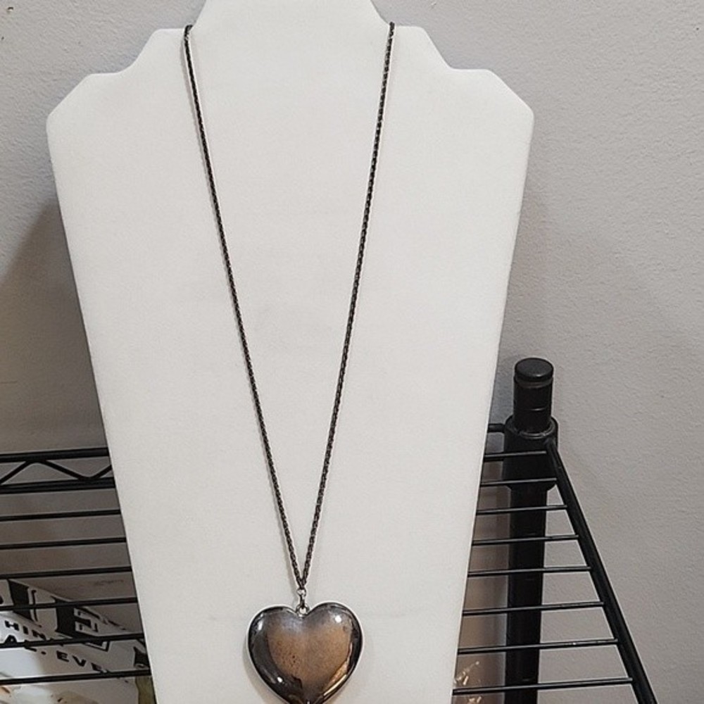 Gunmetal Puffy Big Heart Extra Long Necklace 29.5"